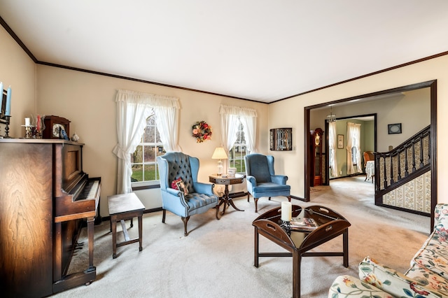 2266 Thunderbird Dr, Niles, MI 49120 - living room with crown molding, baseboards, stairway, light carpet, and a notable chandelier