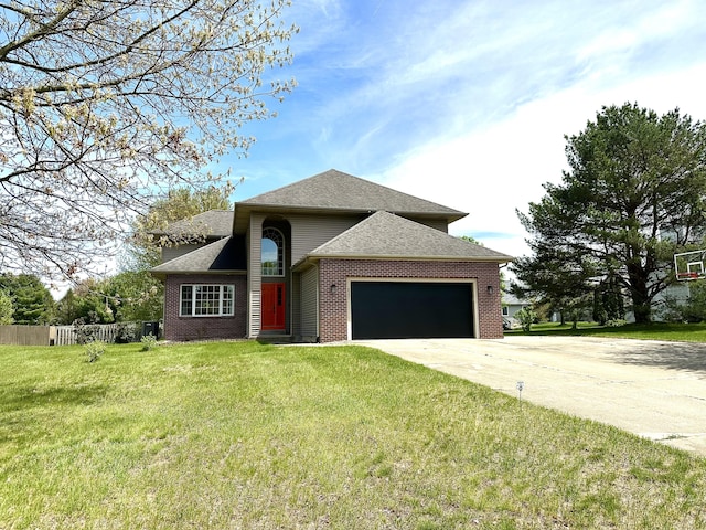 traditional home featuring an attached garage, concrete driveway, brick siding, and roof with shingles