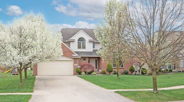 448 Marblewood Ln, Saline, MI 48176 - view of front of house with concrete driveway, a front yard, brick siding, roof with shingles, and an attached garage
