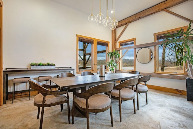 9796 Lake Edge Dr, Brighton, MI 48114 - dining room featuring baseboards, a notable chandelier, high vaulted ceiling, and beam ceiling