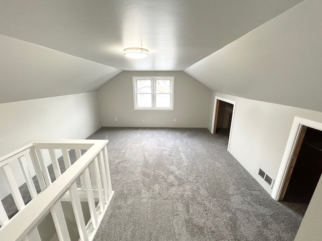 additional living space featuring visible vents, vaulted ceiling, and carpet
