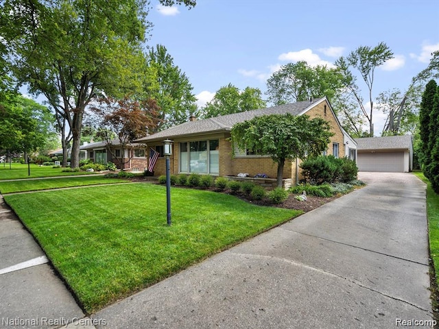 31062 W Rutland St, Beverly Hills, MI 48025 - ranch-style home with a front yard, brick siding, a garage, and a chimney
