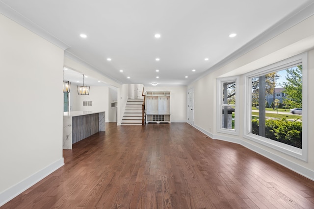 30728 W 14 Mile Rd, West Bloomfield, MI 48322 - unfurnished living room with dark wood-style floors, baseboards, ornamental molding, stairs, and recessed lighting