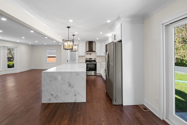 30728 W 14 Mile Rd, West Bloomfield, MI 48322 - kitchen featuring stainless steel appliances, wall chimney range hood, dark wood-style flooring, light stone counters, and a center island