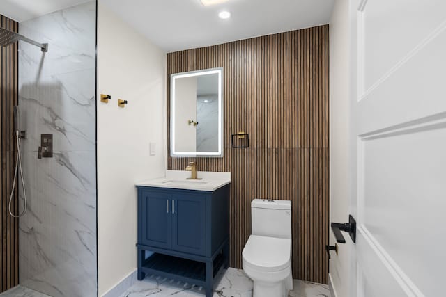 30728 W 14 Mile Rd, West Bloomfield, MI 48322 - bathroom with marble finish flooring, a marble finish shower, toilet, vanity, and recessed lighting