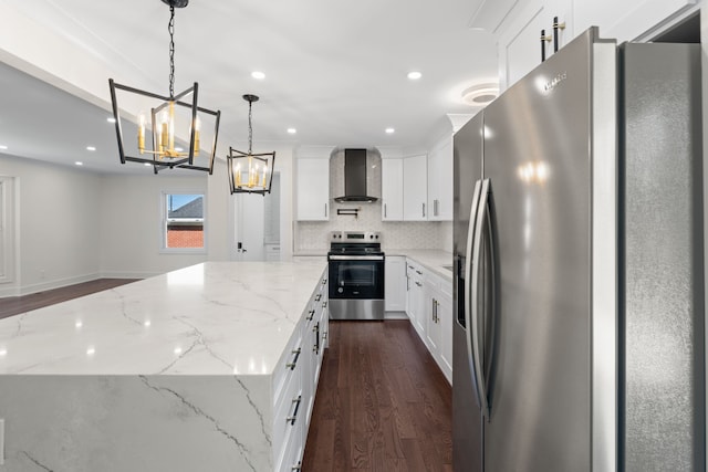 30728 W 14 Mile Rd, West Bloomfield, MI 48322 - kitchen featuring appliances with stainless steel finishes, wall chimney exhaust hood, a kitchen island, a chandelier, and recessed lighting