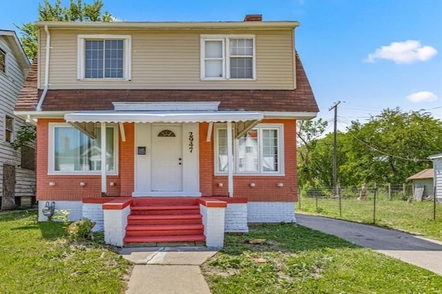 2947 Glynn, Detroit, MI 48206 - view of front of house featuring roof with shingles, a front lawn, fence, and a chimney