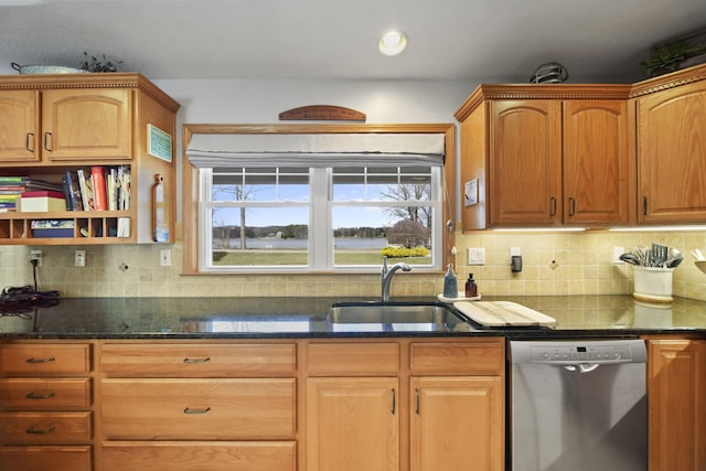 14073 Walz Blvd, Brooklyn, MI 49230 - kitchen featuring decorative backsplash, dishwasher, dark stone countertops, a sink, and open shelves