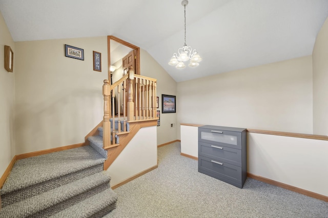 14073 Walz Blvd, Brooklyn, MI 49230 - stairway featuring an inviting chandelier, carpet floors, baseboards, and lofted ceiling