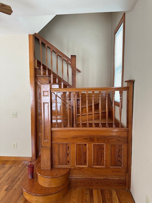 4469 Cooper Rd, Marlette, MI 48453 - stairway with baseboards and wood finished floors