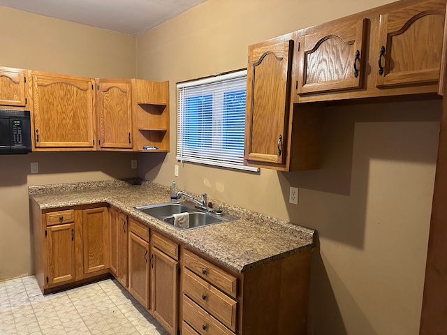 4469 Cooper Rd, Marlette, MI 48453 - kitchen with a sink, black microwave, and open shelves