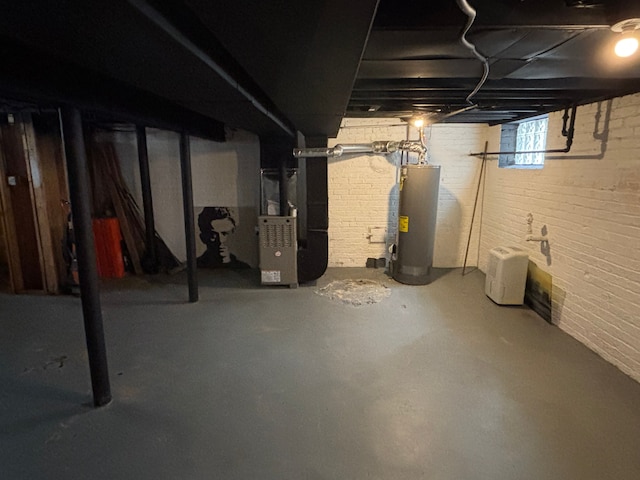 4074 Pasadena St, Detroit, MI 48238 - basement featuring water heater, heating unit, and brick wall