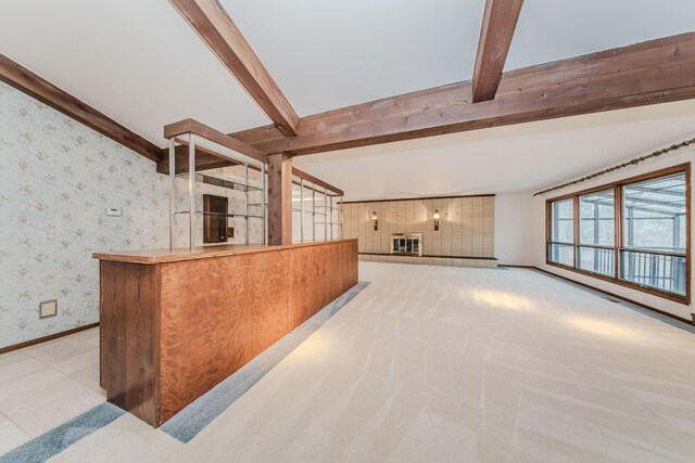 4710 Cove Rd, West Bloomfield, MI 48323 - bar area with beam ceiling, wallpapered walls, and baseboards