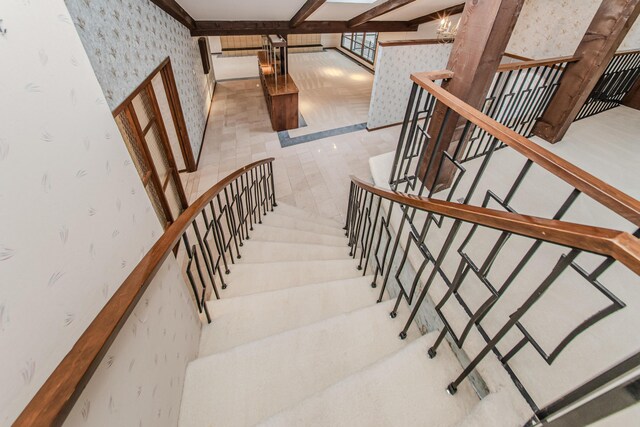 4710 Cove Rd, West Bloomfield, MI 48323 - stairs featuring wallpapered walls