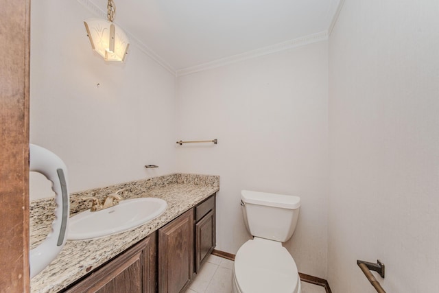 4710 Cove Rd, West Bloomfield, MI 48323 - half bathroom featuring toilet, crown molding, vanity, tile patterned flooring, and baseboards