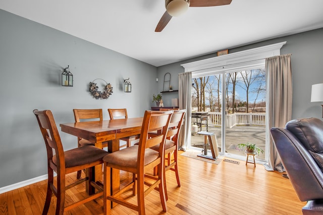 dining space with light wood finished floors, baseboards, a ceiling fan, and visible vents