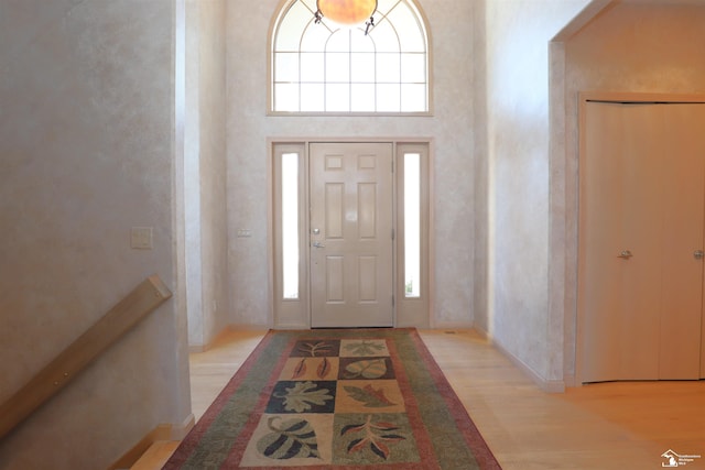 7241 Hidden Valley Dr, Lambertville, MI 48144 - foyer entrance with baseboards, light wood-type flooring, and a towering ceiling