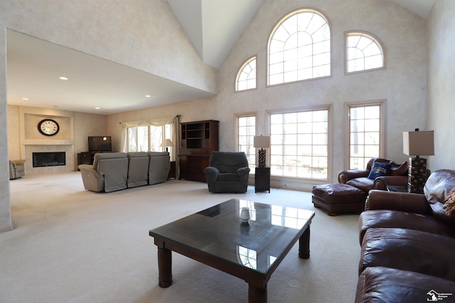 7241 Hidden Valley Dr, Lambertville, MI 48144 - living area featuring a fireplace, high vaulted ceiling, recessed lighting, and carpet