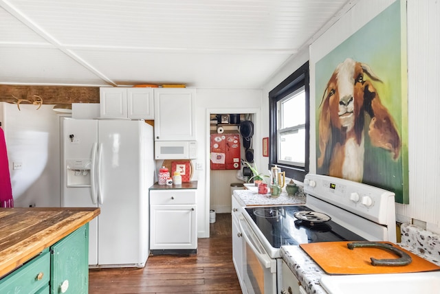 kitchen featuring wooden counters, dark wood finished floors, white cabinets, and white appliances