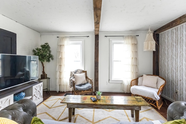 living area with baseboards, a wealth of natural light, and wood finished floors