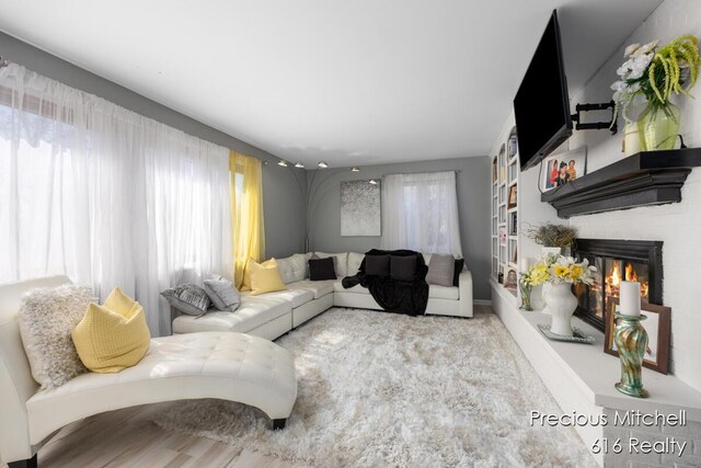 living area with a fireplace