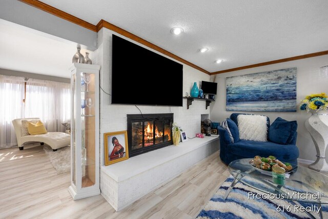 living room featuring a textured ceiling, crown molding, a fireplace, and wood finished floors