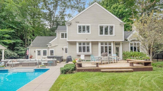3820 Harbor Point Dr, Norton Shores, MI 49441 - back of house with a deck, an outdoor pool, an outdoor living space, a lawn, and a hot tub