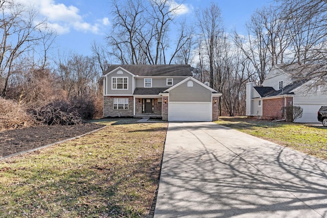 view of front of home featuring a front lawn, an attached garage, brick siding, and concrete driveway