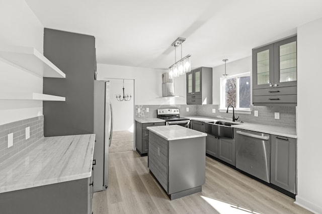 kitchen with stainless steel appliances, a sink, open shelves, gray cabinets, and a center island