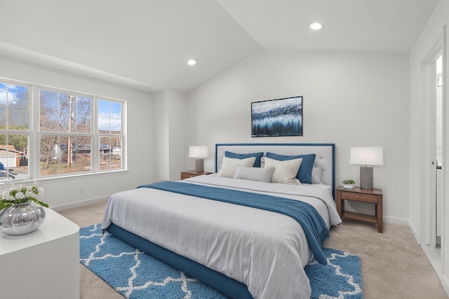 bedroom featuring baseboards, vaulted ceiling, recessed lighting, and light carpet
