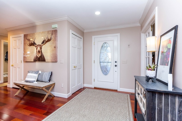 1405 S Sashabaw Rd, Ortonville, MI 48462 - entrance foyer featuring baseboards, dark wood-style floors, and crown molding