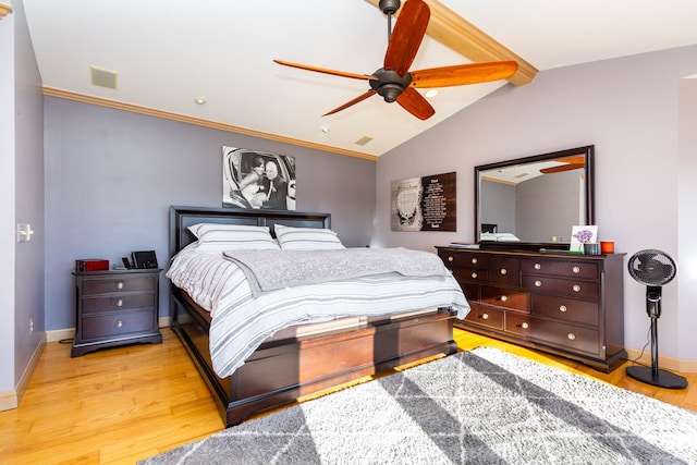 1405 S Sashabaw Rd, Ortonville, MI 48462 - bedroom with lofted ceiling with beams, baseboards, visible vents, light wood-style floors, and ceiling fan