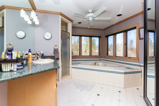 1405 S Sashabaw Rd, Ortonville, MI 48462 - full bathroom featuring a stall shower, crown molding, tile patterned flooring, a bath, and ceiling fan