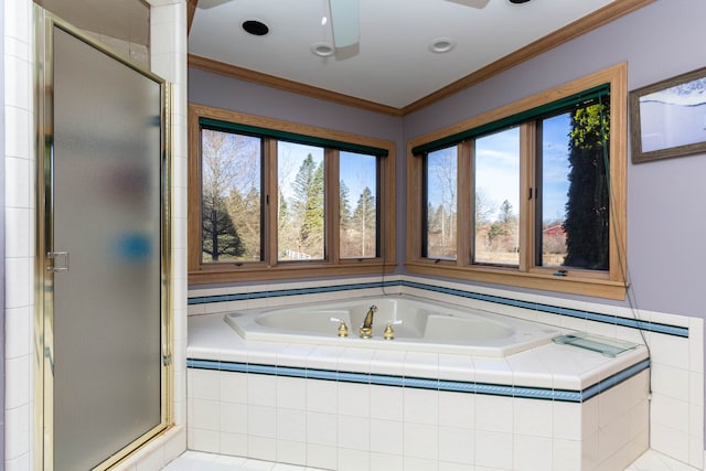 1405 S Sashabaw Rd, Ortonville, MI 48462 - full bath featuring a bath, ceiling fan, crown molding, and a shower stall