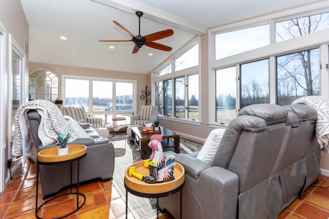 1405 S Sashabaw Rd, Ortonville, MI 48462 - living area featuring recessed lighting, lofted ceiling with beams, baseboards, and ceiling fan
