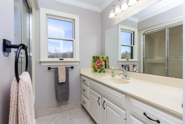 1405 S Sashabaw Rd, Ortonville, MI 48462 - bathroom with crown molding, baseboards, vanity, an enclosed shower, and tile patterned flooring