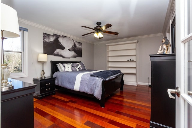 1405 S Sashabaw Rd, Ortonville, MI 48462 - bedroom featuring baseboards, crown molding, dark wood-type flooring, and a ceiling fan
