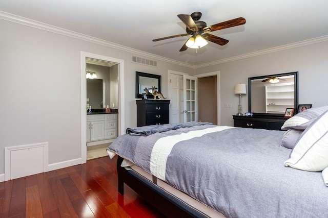 1405 S Sashabaw Rd, Ortonville, MI 48462 - bedroom featuring crown molding, baseboards, visible vents, ensuite bathroom, and wood finished floors