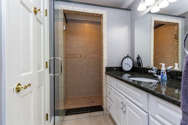 1405 S Sashabaw Rd, Ortonville, MI 48462 - bathroom with vanity, ornamental molding, tile patterned floors, and a shower stall