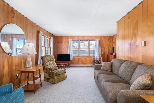living room with carpet floors, wood walls, and a baseboard radiator