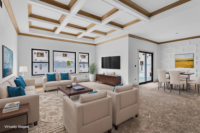 215 Nottingham Dr, Brooklyn, MI 49230 - living area with coffered ceiling, beamed ceiling, crown molding, and carpet flooring