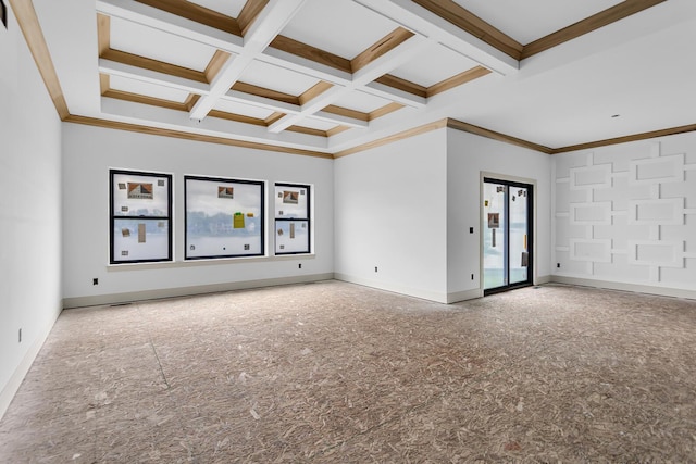 215 Nottingham Dr, Brooklyn, MI 49230 - spare room featuring coffered ceiling, beam ceiling, baseboards, and crown molding