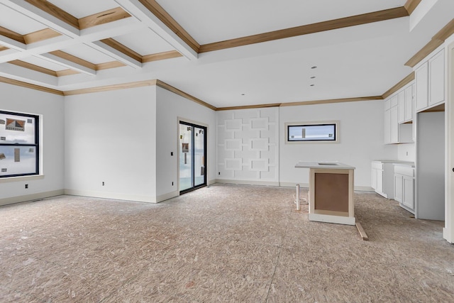 215 Nottingham Dr, Brooklyn, MI 49230 - unfurnished living room with ornamental molding, beamed ceiling, coffered ceiling, and baseboards