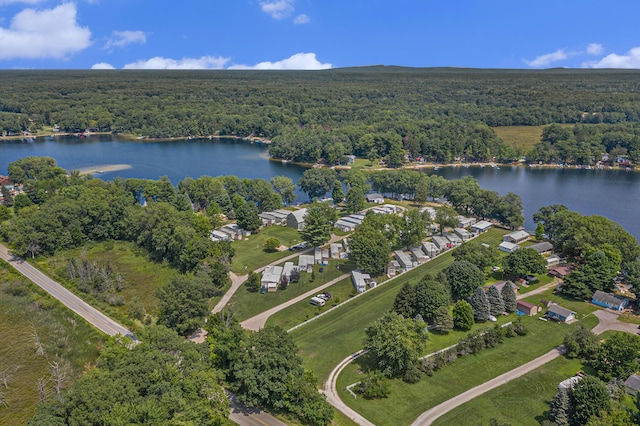 aerial view with a water view and a view of trees