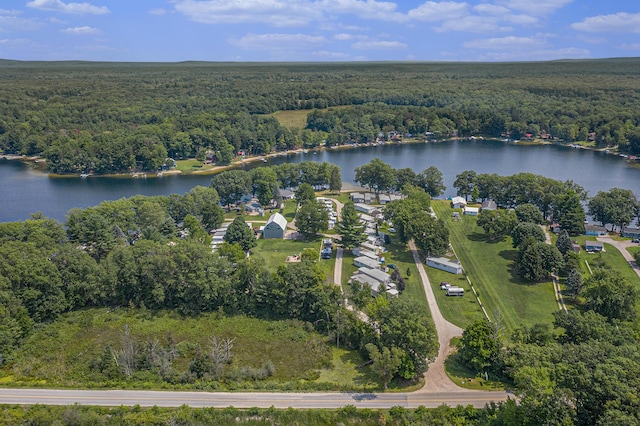 aerial view featuring a water view and a wooded view