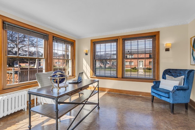 1515 W Franklin St, Jackson, MI 49203 - office area featuring baseboards, crown molding, radiator heating unit, and concrete flooring