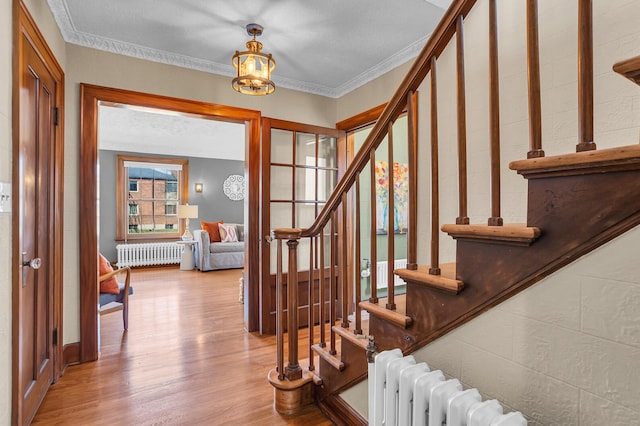 1515 W Franklin St, Jackson, MI 49203 - foyer entrance with wood finished floors, stairway, crown molding, and radiator