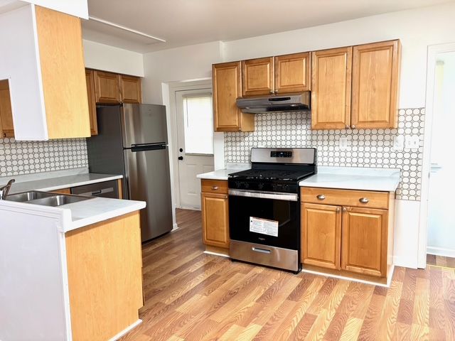 35030 Michelle Dr, Romulus, MI 48174 - kitchen featuring tasteful backsplash, under cabinet range hood, light countertops, and stainless steel appliances