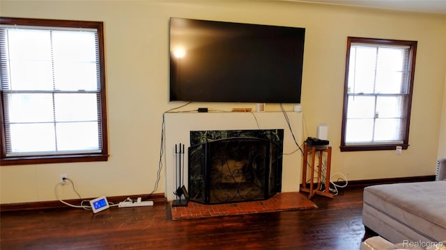 18229 Littlefield St, Detroit, MI 48235 - living room featuring wood finished floors, a high end fireplace, plenty of natural light, and baseboards