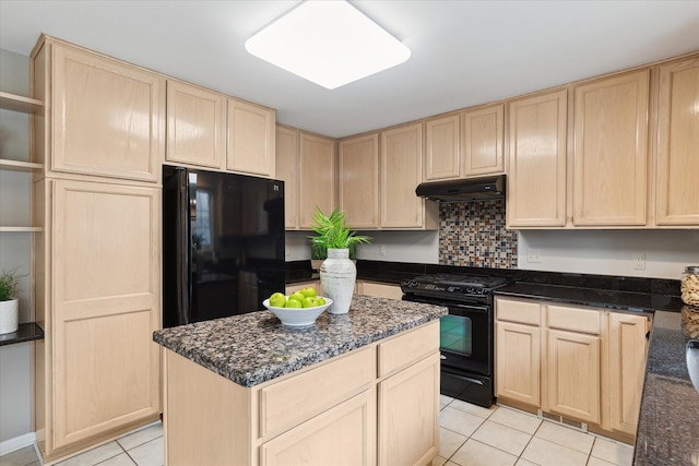 kitchen with light brown cabinets, under cabinet range hood, black appliances, and open shelves